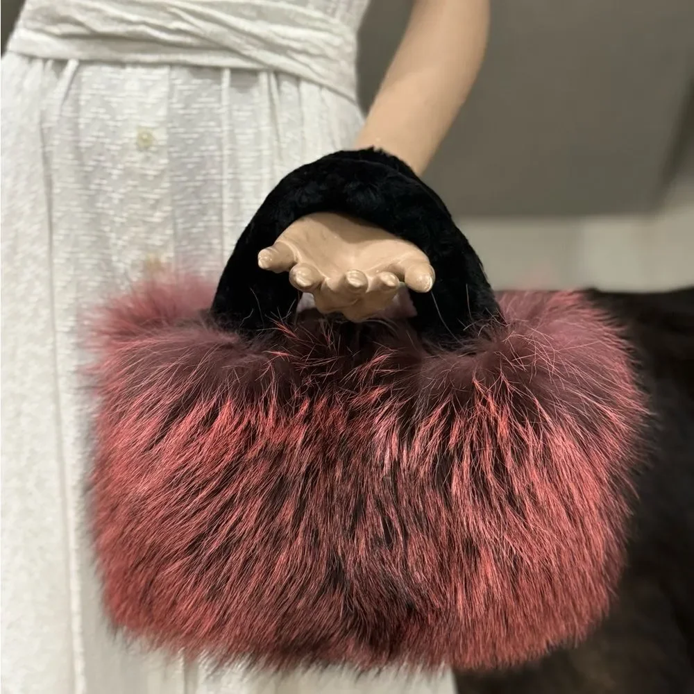 Maroon Handmade Dyed Real Fox Fur Bag With Fur Handle Includes 2 Strap Styles